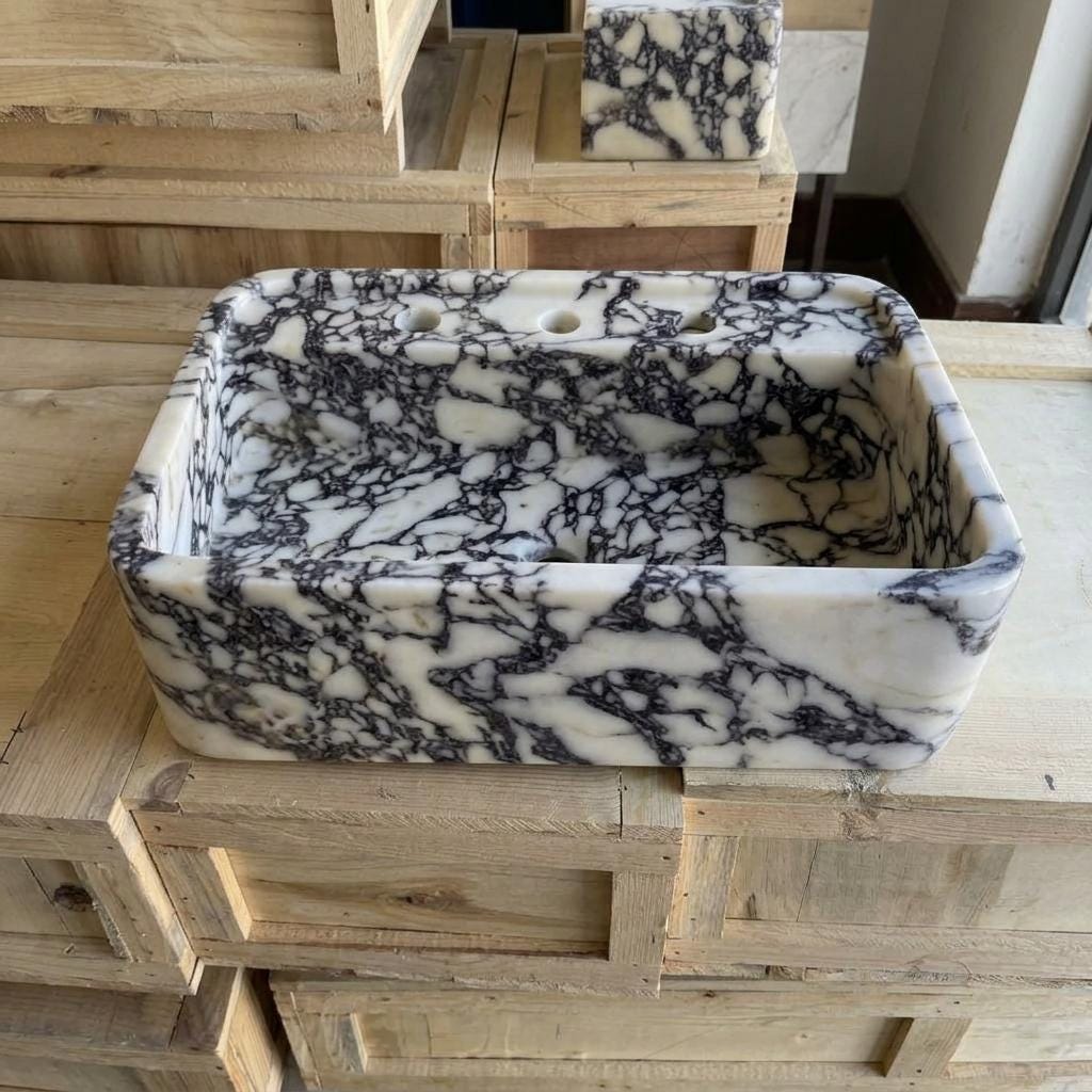 Calacatta Viola Marble square vessel sink — front view (photo 7)