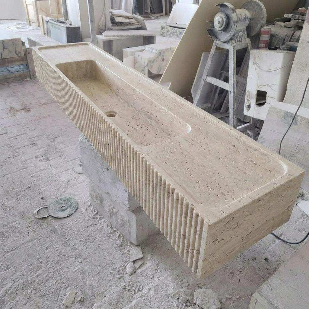 Beige Travertine fluted vessel sink — isometric three-quarter view (photo 5)