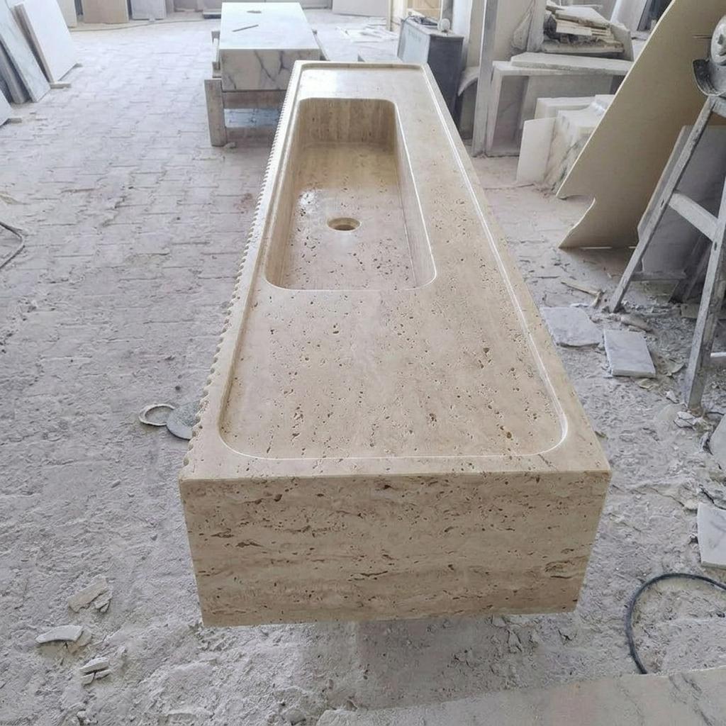 Beige Travertine fluted vessel sink — front view (photo 8)