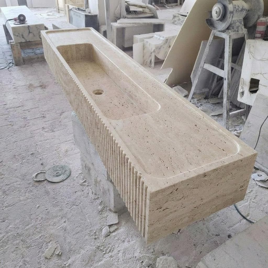 Beige Travertine fluted vessel sink — high-angle view (photo 9)