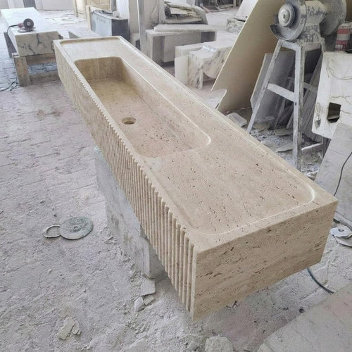 Beige Travertine fluted vessel sink — high-angle view (photo 9)