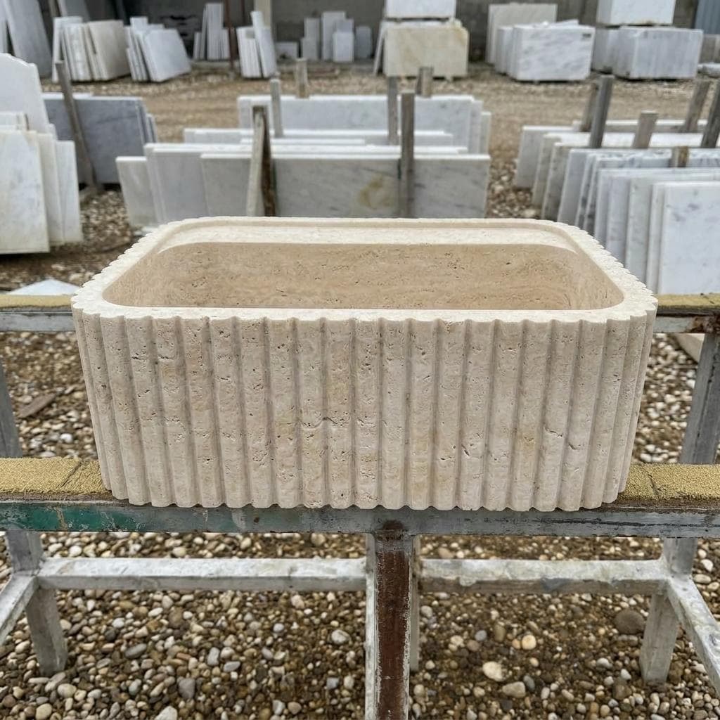 Handcarved beige travertine marble vessel sink by Marblyart, custom made to order — photo 3 of 13