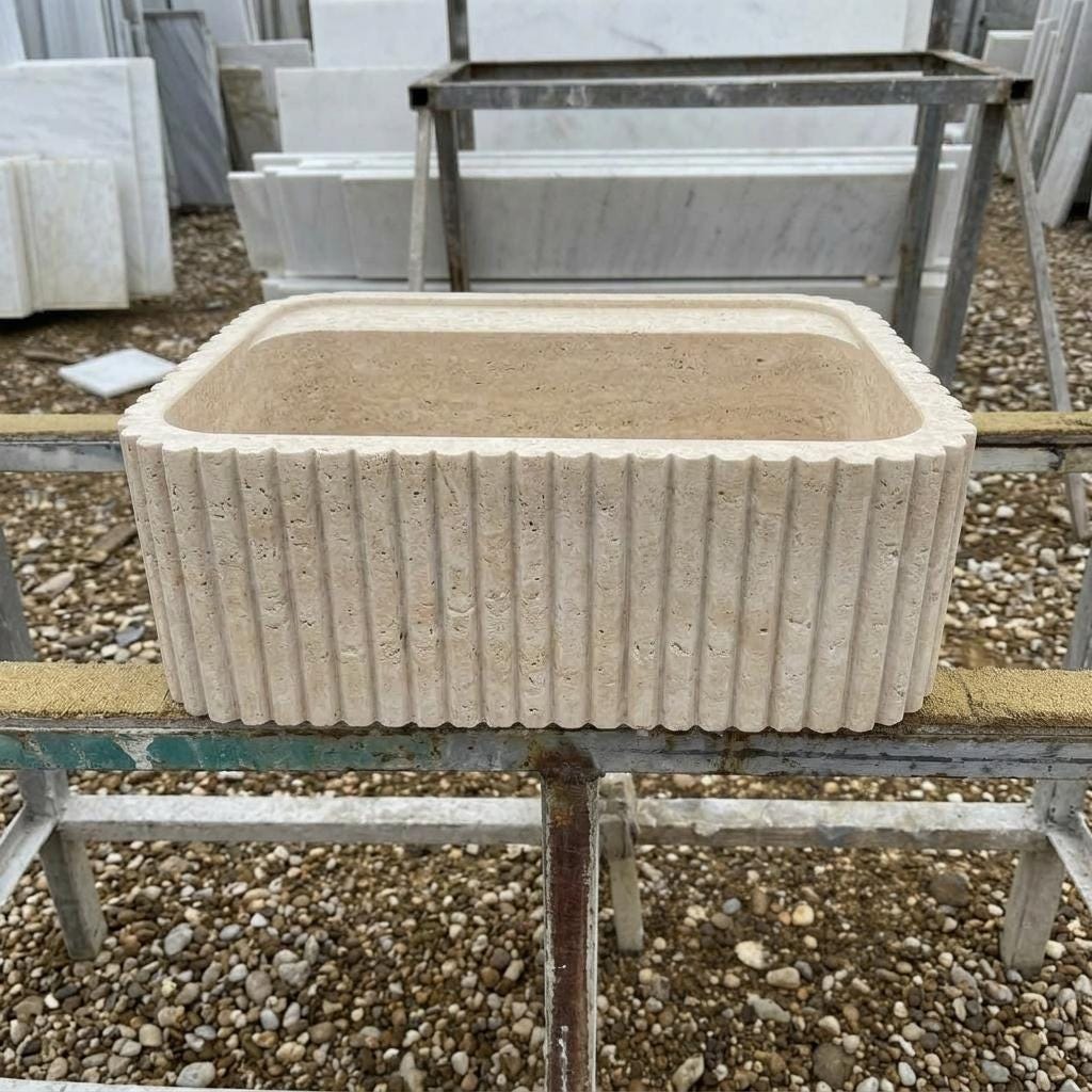Handcarved beige travertine marble vessel sink by Marblyart, custom made to order — photo 4 of 13