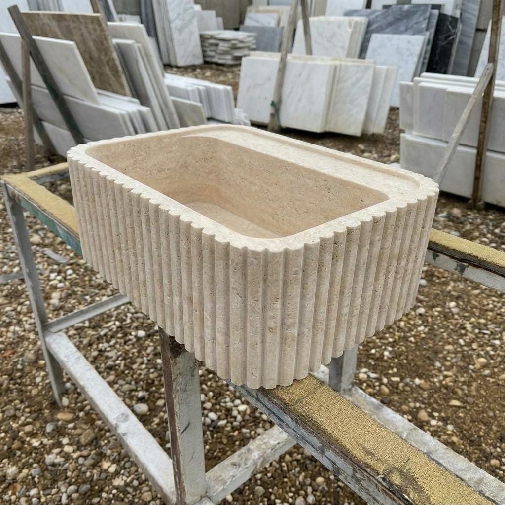 Handcarved beige travertine marble vessel sink by Marblyart, custom made to order — photo 11 of 13