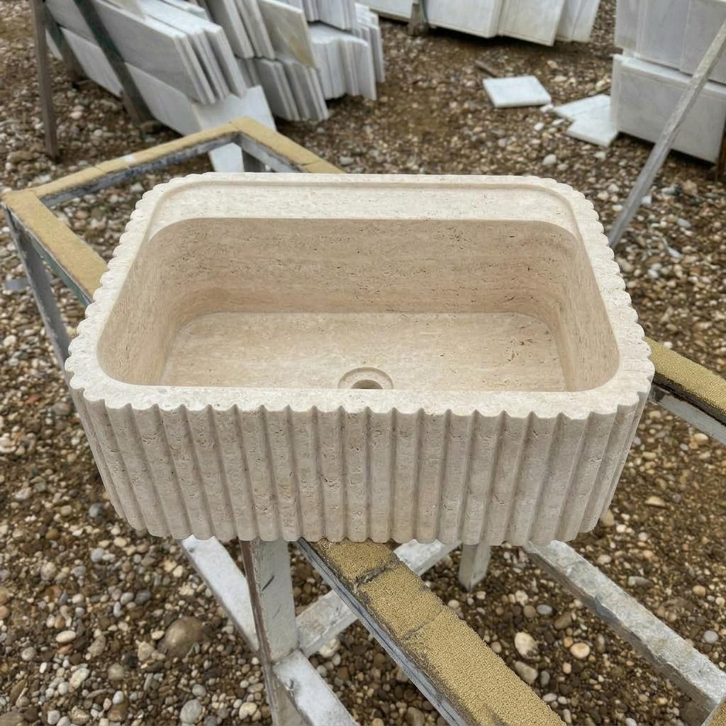 Handcarved beige travertine marble vessel sink by Marblyart, custom made to order — photo 8 of 13