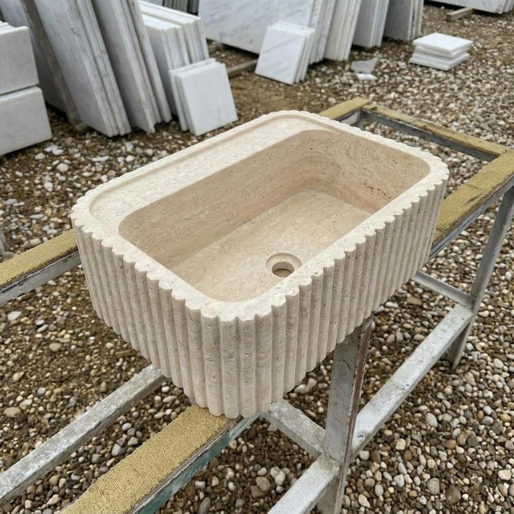 Handcarved beige travertine marble vessel sink by Marblyart, custom made to order — photo 2 of 13