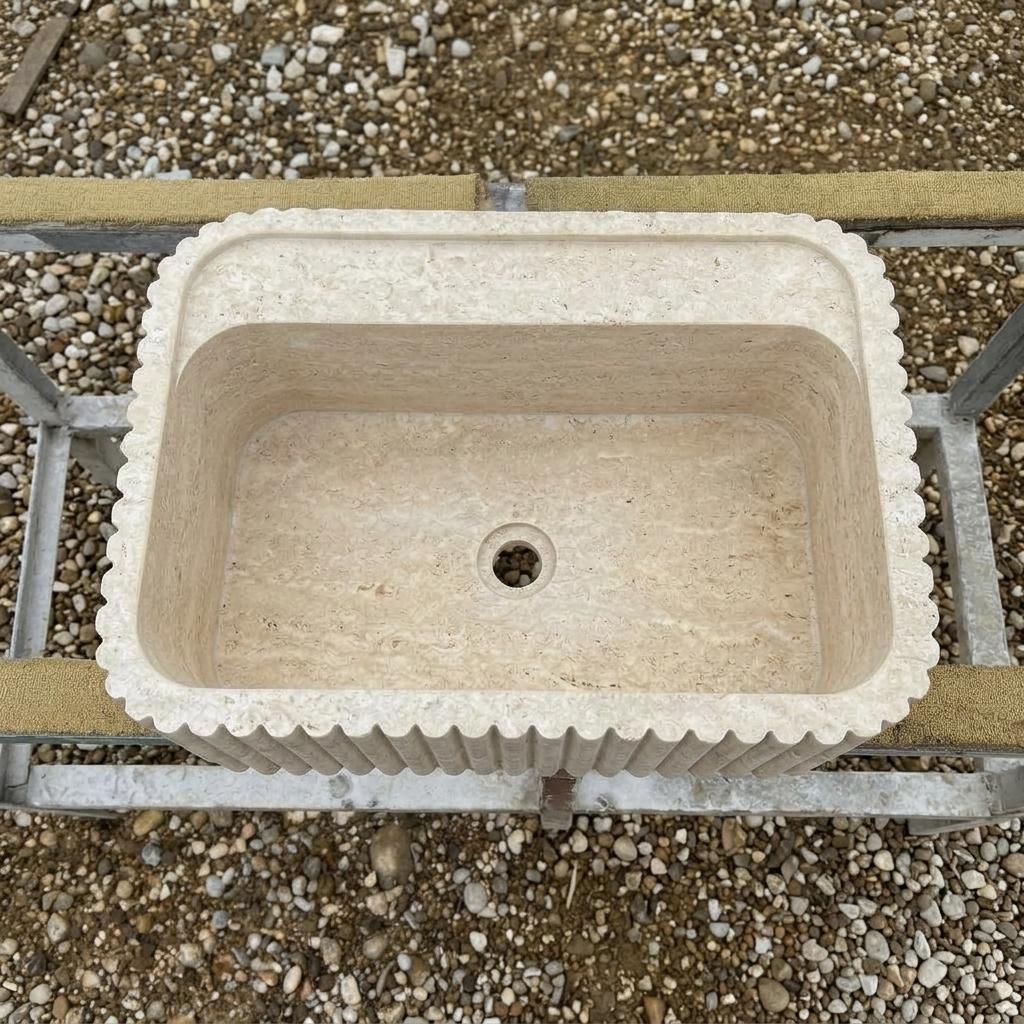 Handcarved beige travertine marble vessel sink by Marblyart, custom made to order — photo 12 of 13