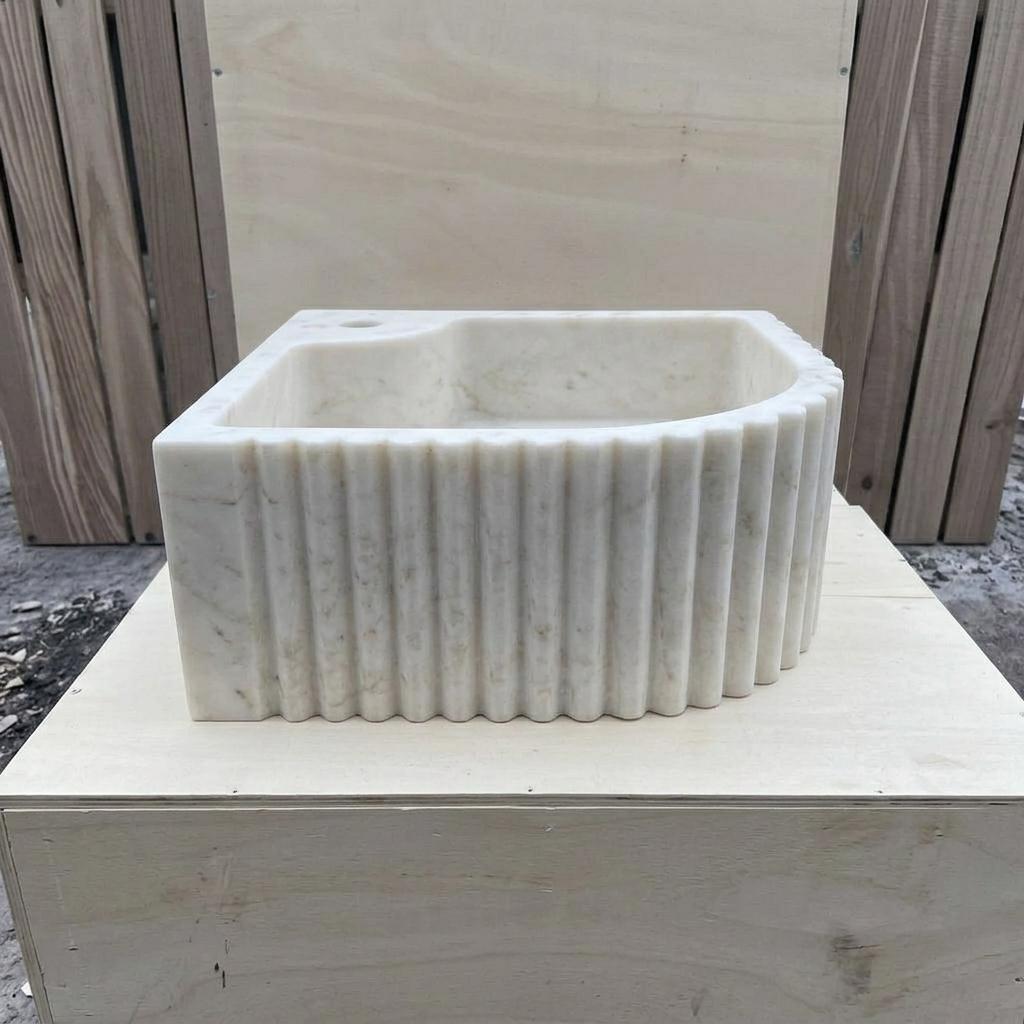 Handcarved Carrara marble fluted vessel sink by Marblyart, custom made to order — photo 4 of 13