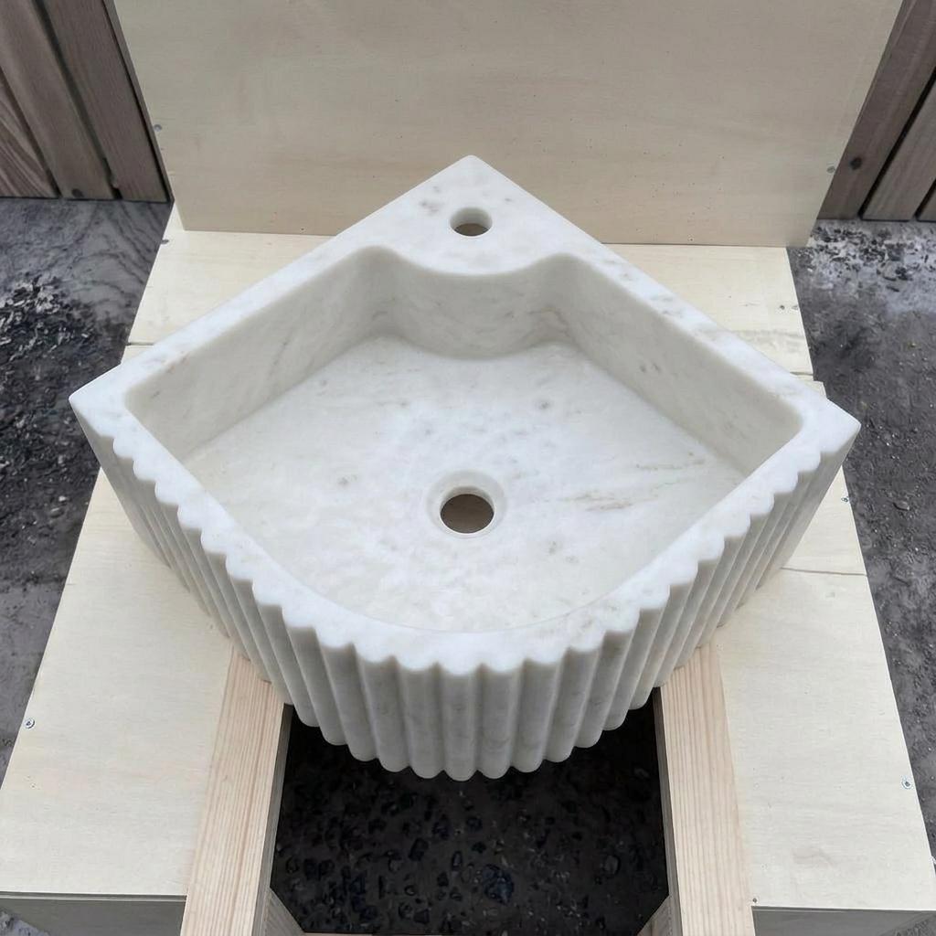Handcarved Carrara marble fluted vessel sink by Marblyart, custom made to order — photo 10 of 13