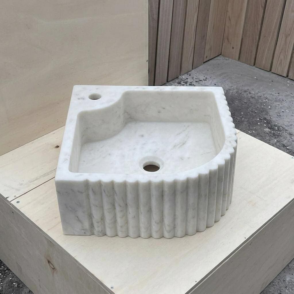 Handcarved Carrara marble fluted vessel sink by Marblyart, custom made to order — photo 7 of 13
