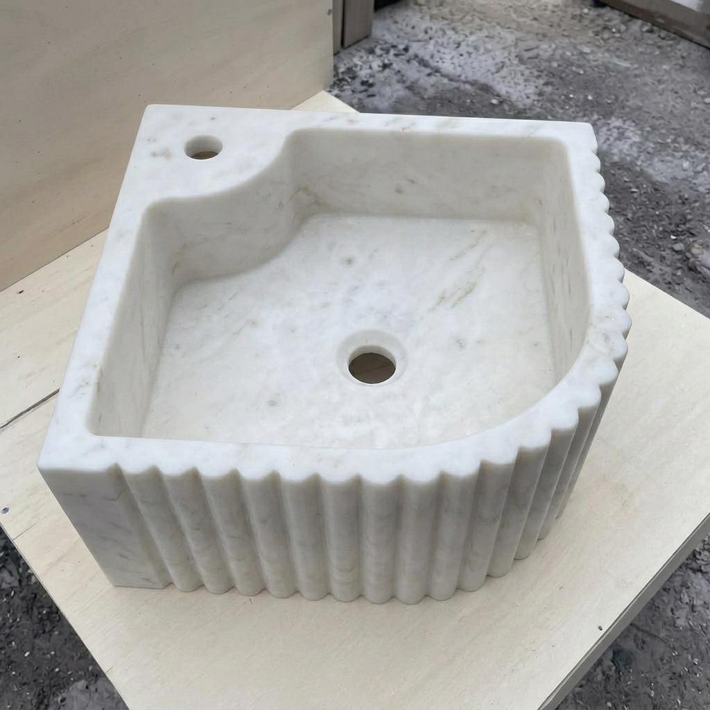 Handcarved Carrara marble fluted vessel sink by Marblyart, custom made to order — photo 8 of 13