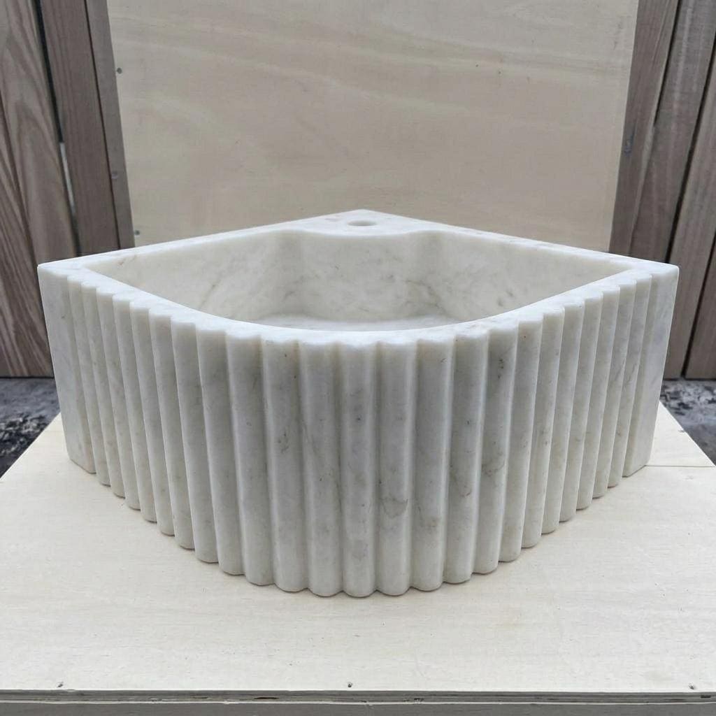 Handcarved Carrara marble fluted vessel sink by Marblyart, custom made to order — photo 13 of 13