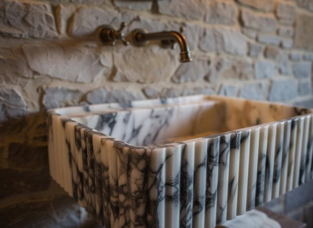 Handcarved Calacatta Viola marble wall mounted sink by Marblyart, custom made to order — photo 7 of 12
