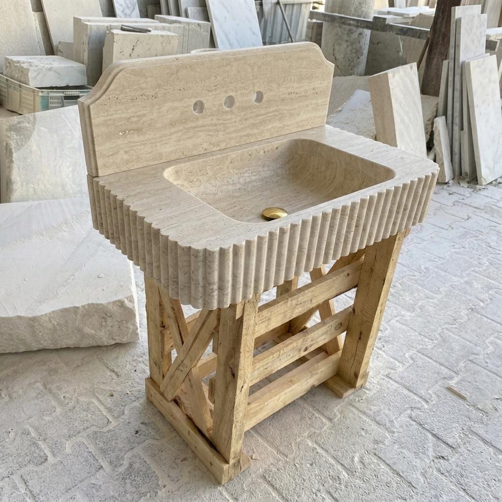 Beige Travertine square vessel sink — isometric three-quarter view (photo 8)