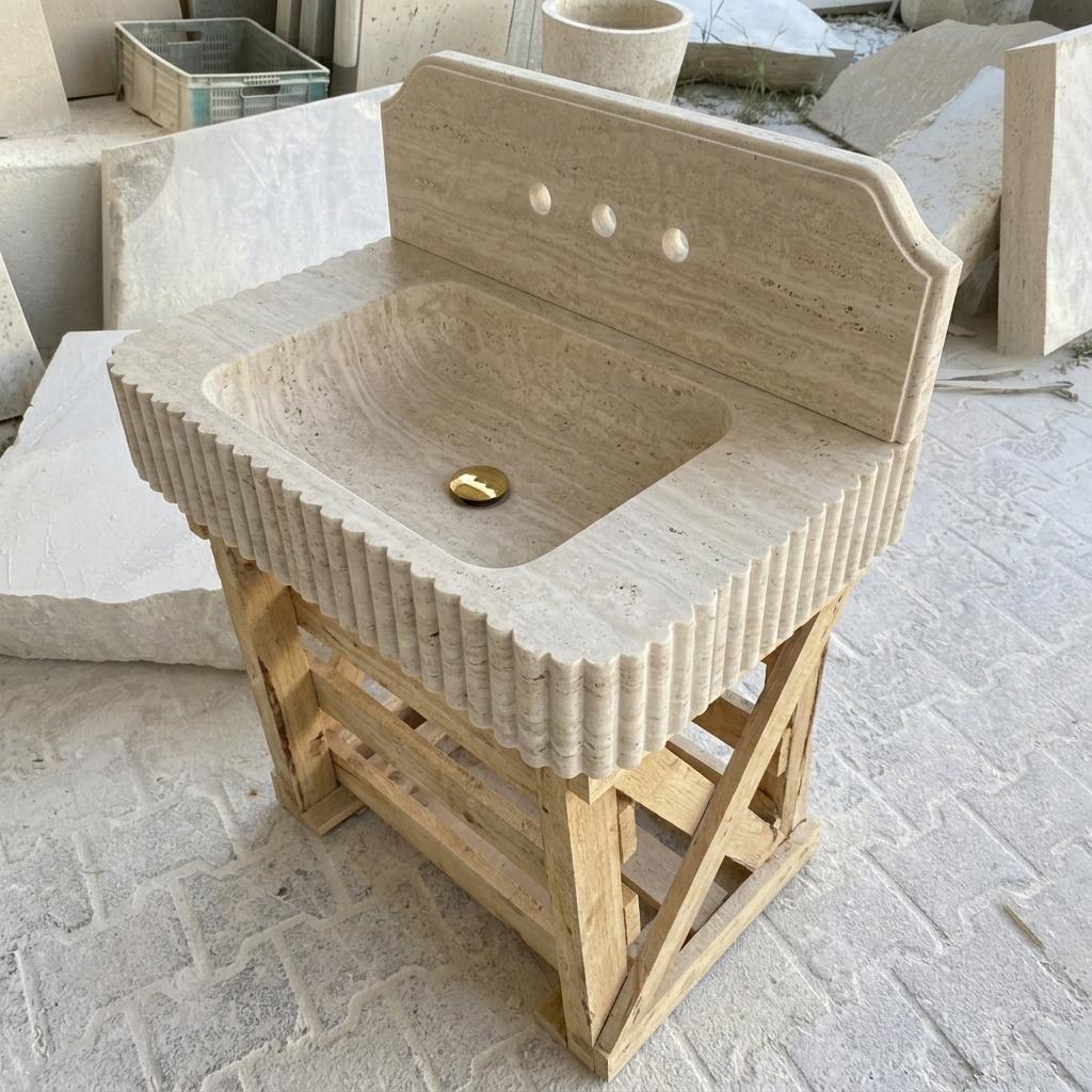 Beige Travertine square vessel sink — high-angle view (photo 13)