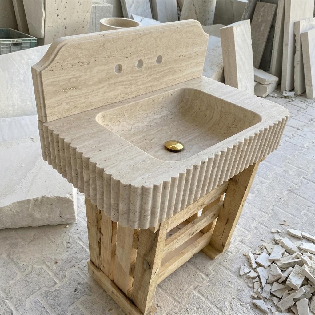 Beige Travertine square vessel sink — product photograph (photo 19)