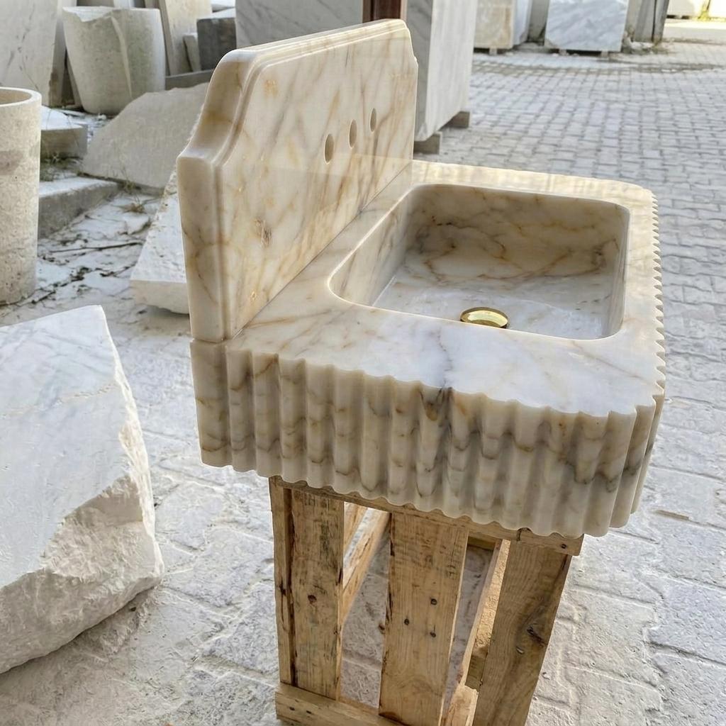 Calacatta Gold Marble square vessel sink — low-angle view (photo 15)