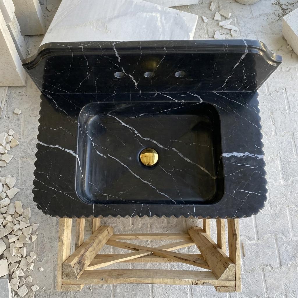 Nero Marquina Marble square vessel sink — top-down view (photo 6)