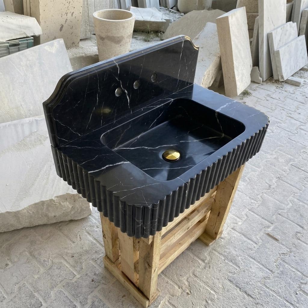 Nero Marquina Marble square vessel sink — high-angle view (photo 13)