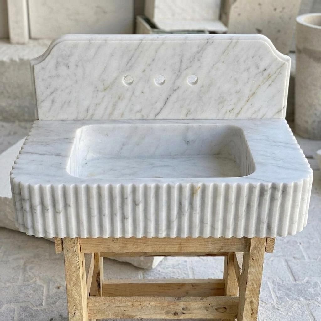 Carrara White Marble square vessel sink — front view (photo 2)
