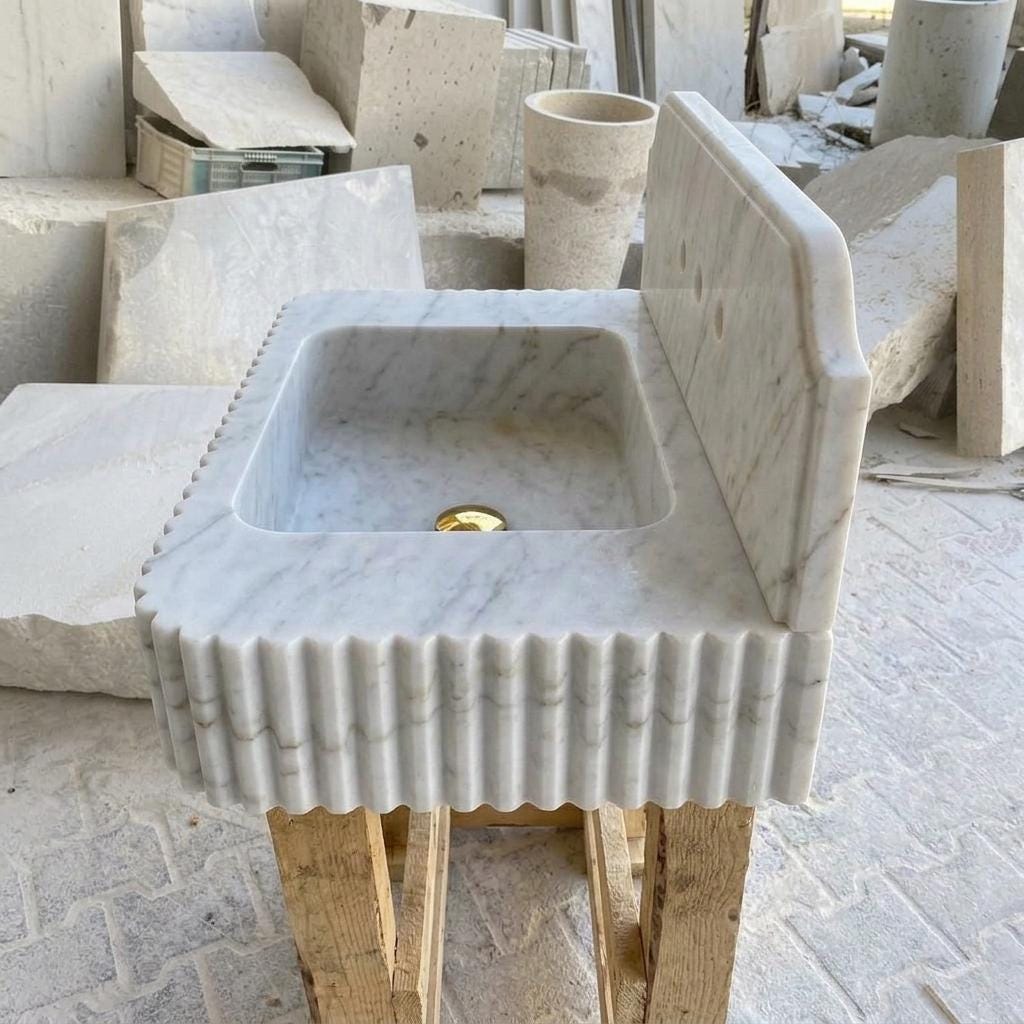 Carrara White Marble square vessel sink — left side view (photo 4)