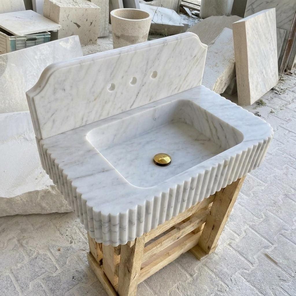 Carrara White Marble square vessel sink — front view (photo 12)