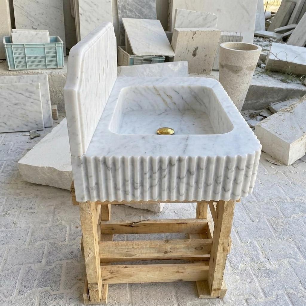 Carrara White Marble square vessel sink — front view (photo 14)