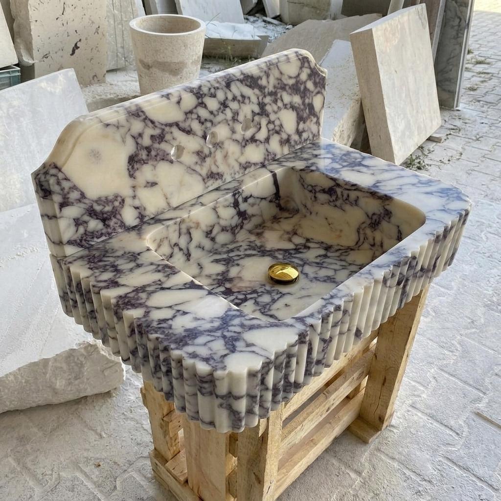 Calacatta Viola Marble square vessel sink — high-angle view (photo 13)