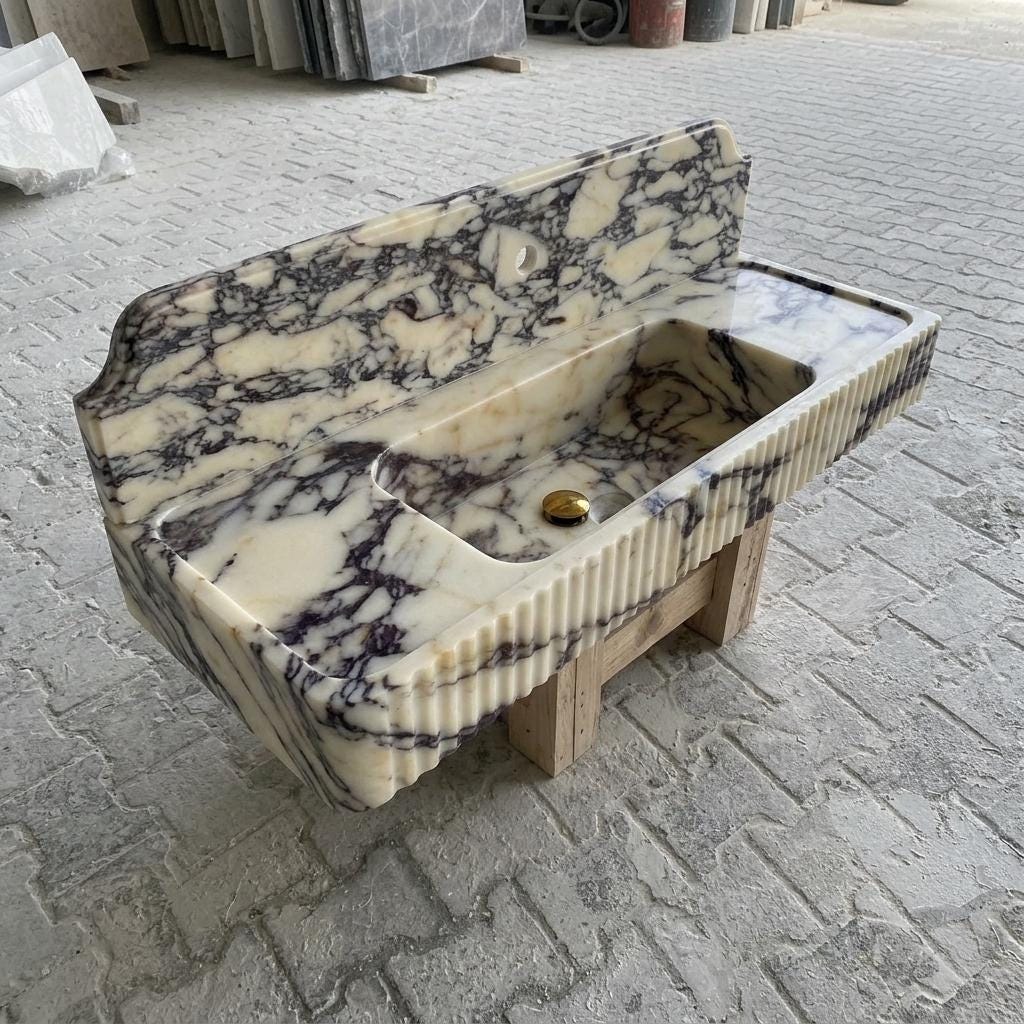 Calacatta Viola Marble fluted vessel sink — high-angle view (photo 13)