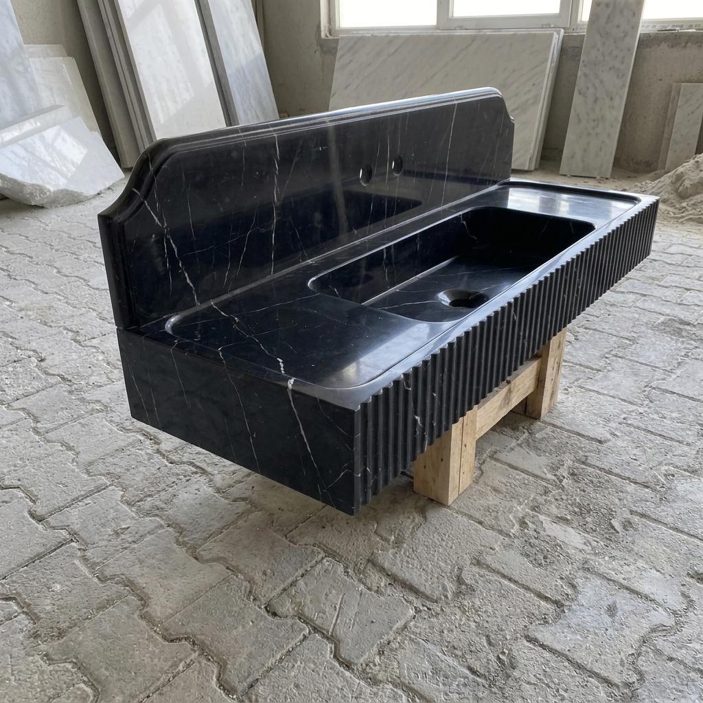 Nero Marquina Marble fluted vessel sink — high-angle view (photo 13)