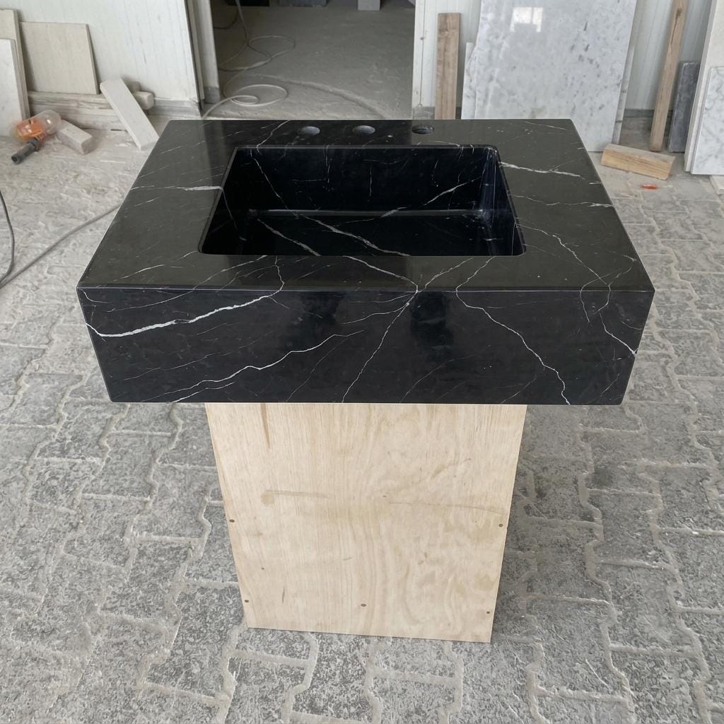 Nero Marquina Marble square vessel sink — front view (photo 2)