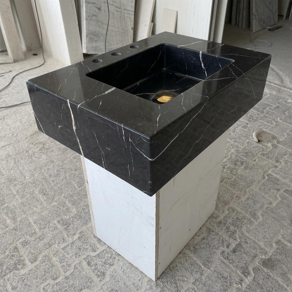 Nero Marquina Marble square vessel sink — low-angle view (photo 15)