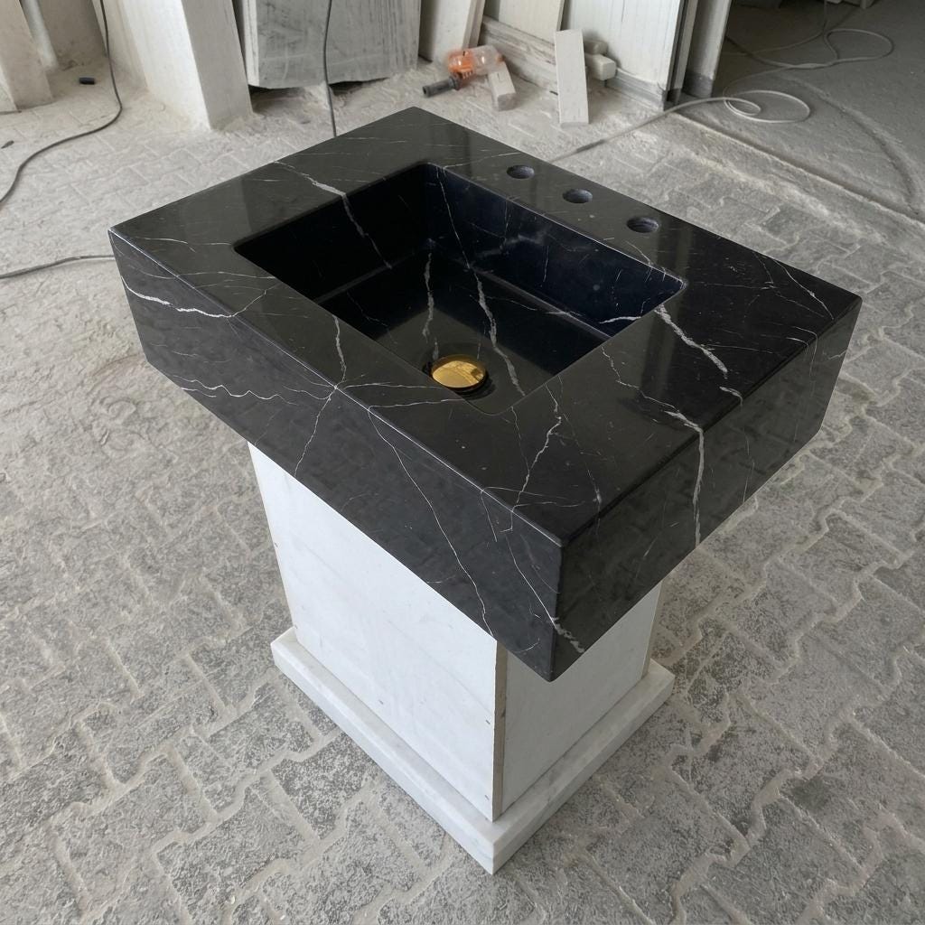 Nero Marquina Marble square vessel sink — full wide shot (photo 17)