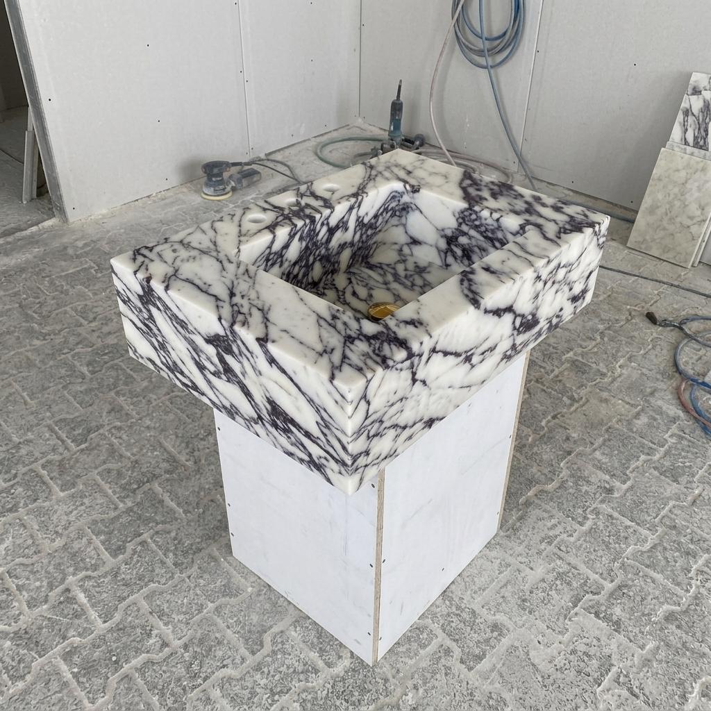 Calacatta Viola Marble wall mount sink — full wide shot (photo 17)