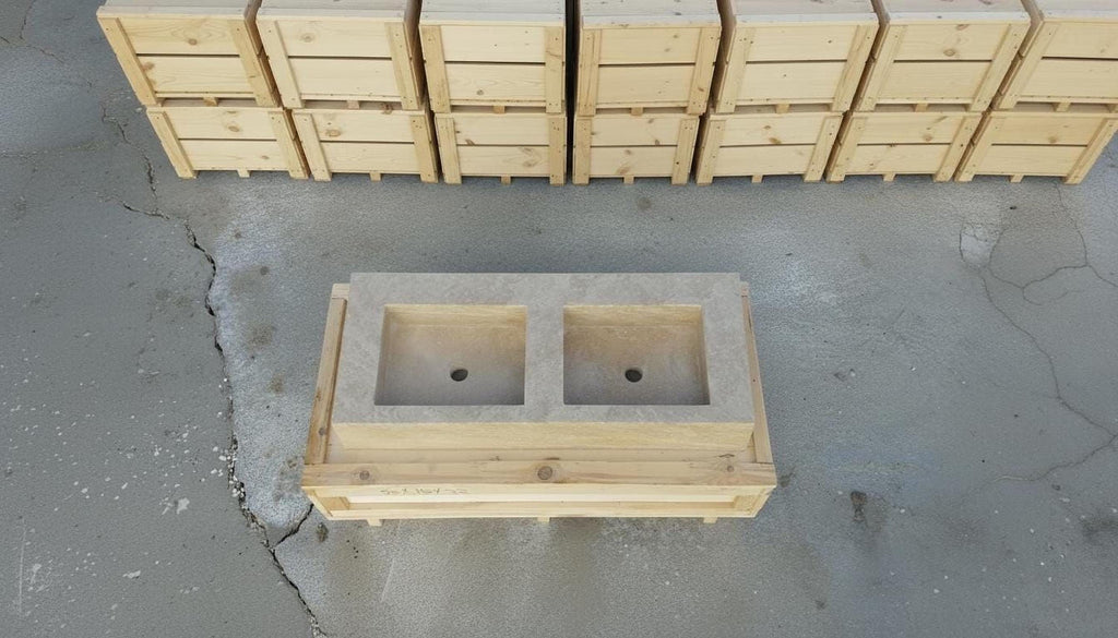 a wooden structure with two square basins, likely intended for use in a kitchen or bathroom setting. The structure is made of wood and appears to be a sink or basin unit. The image is taken from an overhead perspective, providing a clear view of the structure and its surroundings.