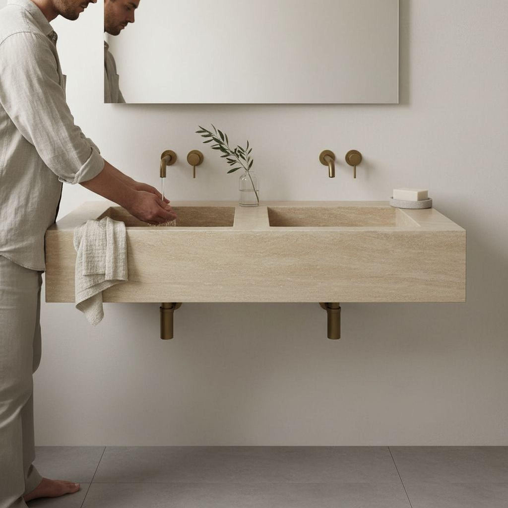 A man is standing at a modern bathroom sink, washing his hands. The sink is made of wood and has two faucets, one on each side. The bathroom has a minimalist design with a large mirror above the sink.