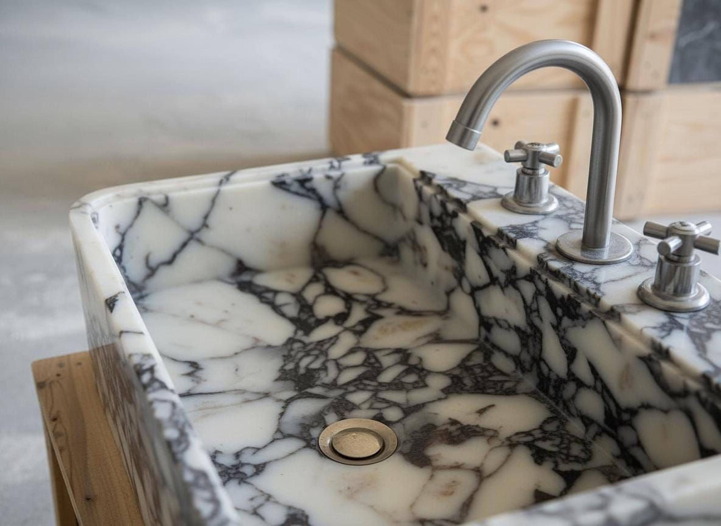 a marble sink with a silver faucet, set against a wooden background.