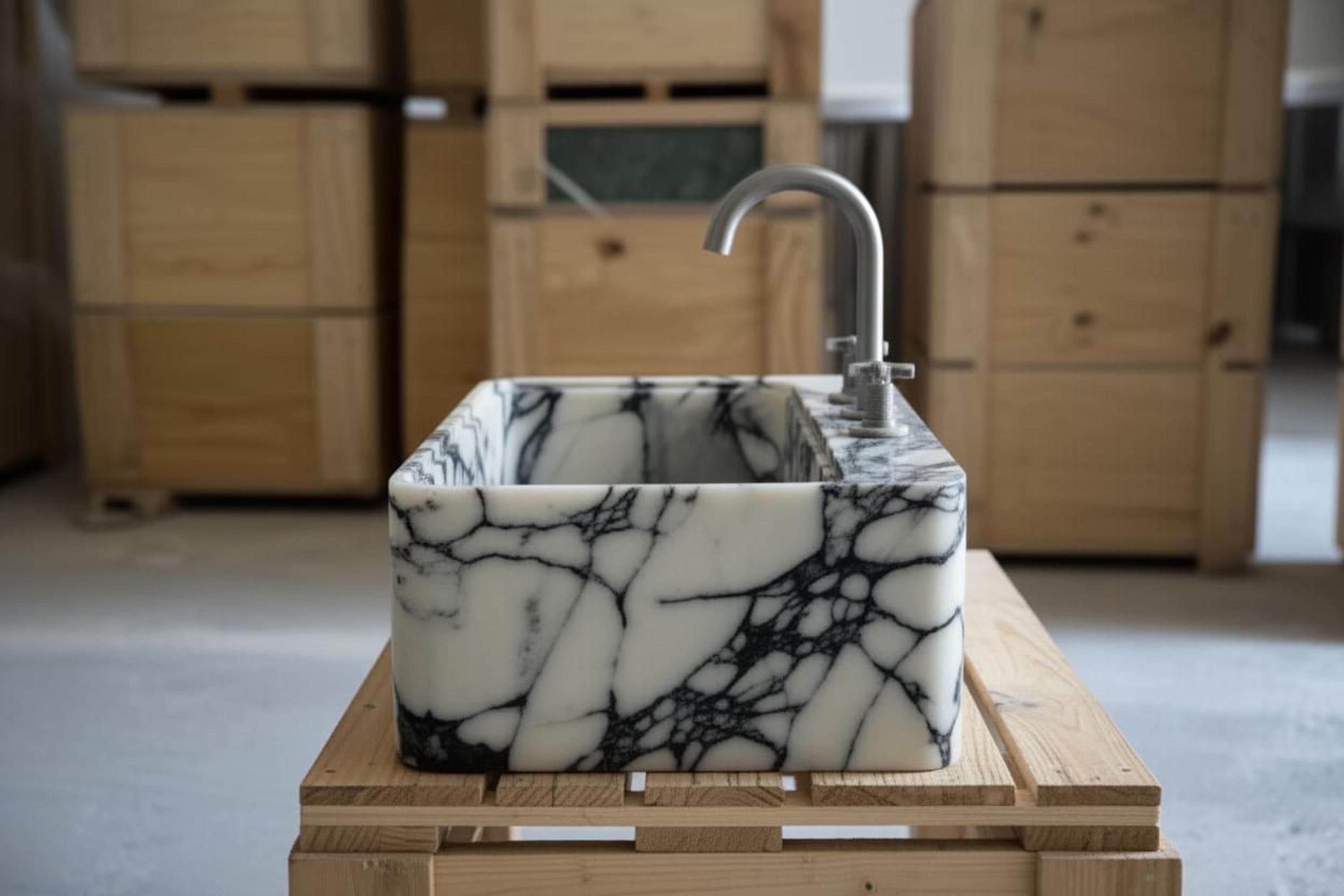 a marble-like sink with a silver faucet, placed on a wooden pallet.