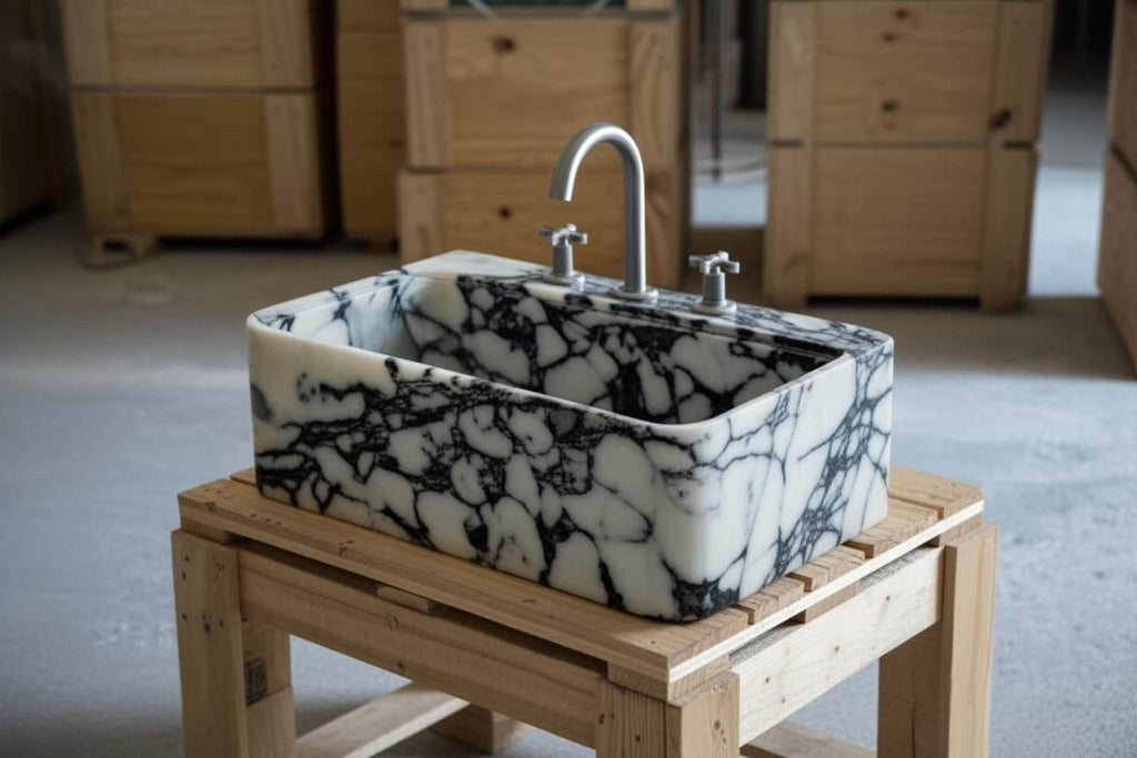 a black and white marble sink with a silver faucet, placed on a wooden stand.