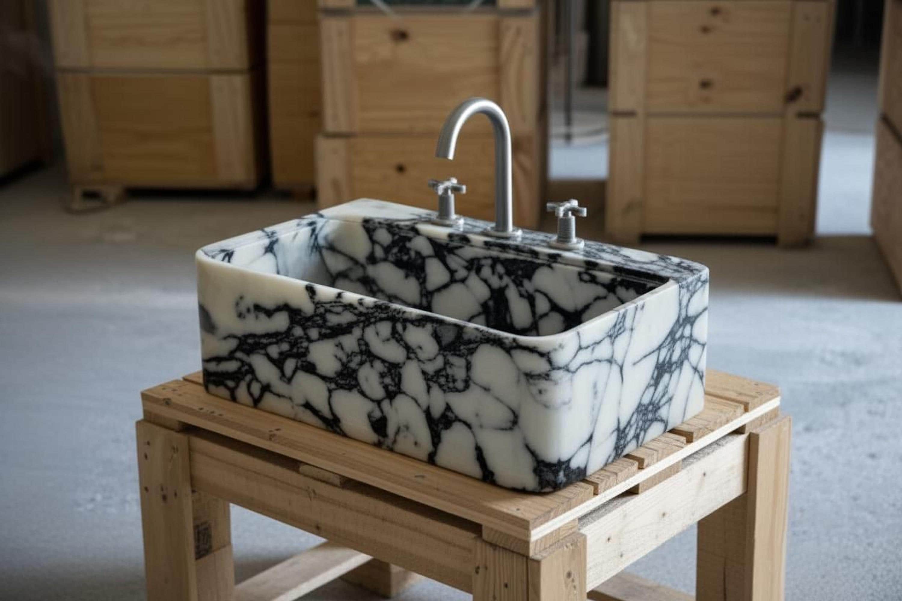 a black and white marble sink with a silver faucet, placed on a wooden stand.