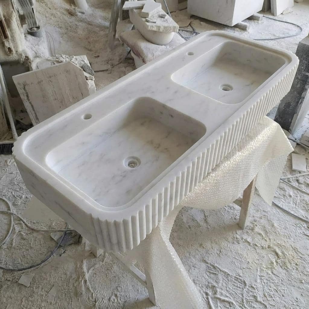 Carrara White Marble fluted vessel sink — isometric three-quarter view (photo 2)