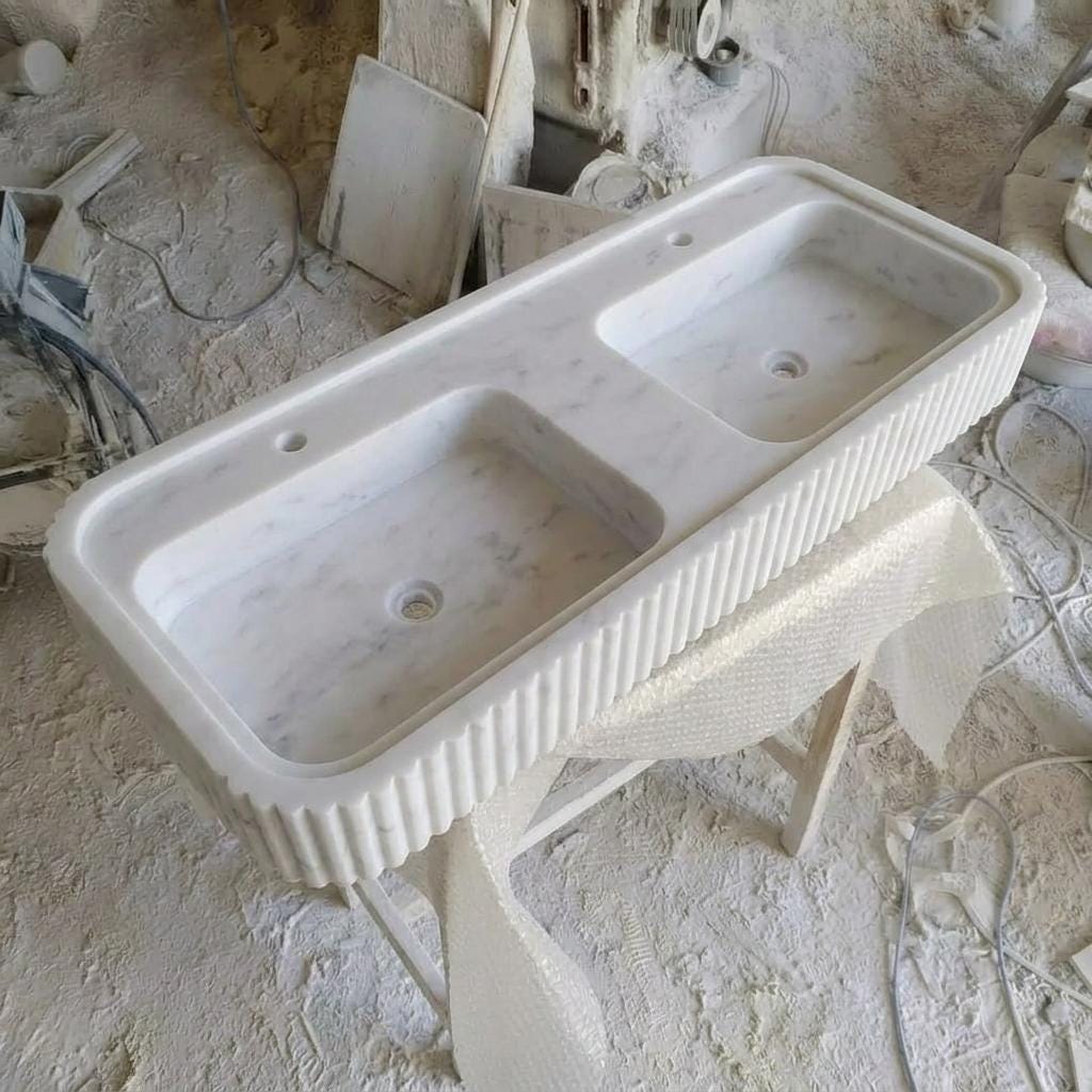 Carrara White Marble fluted vessel sink — front view (photo 3)