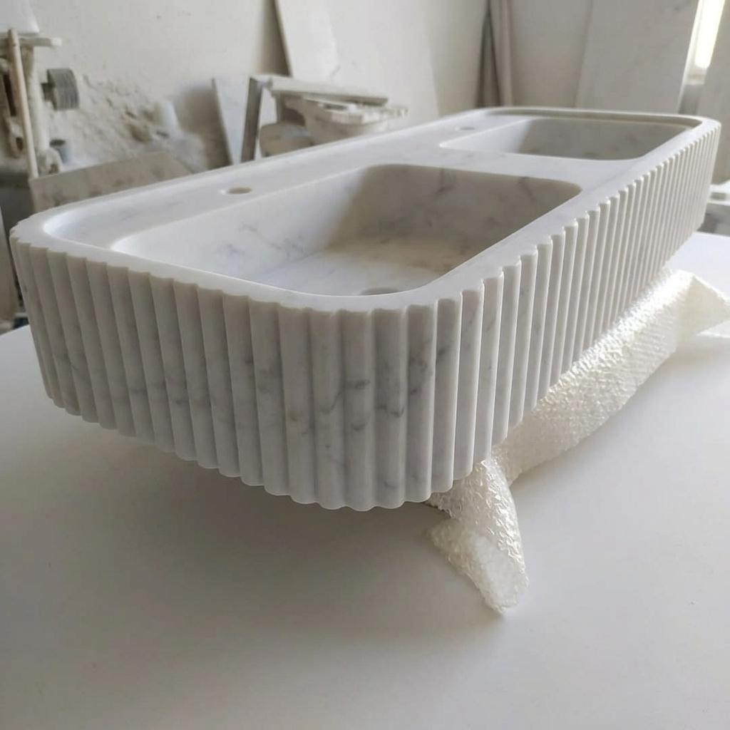Carrara White Marble fluted vessel sink — low-angle view (photo 6)