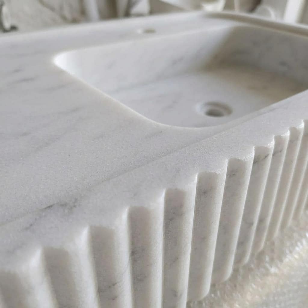 Carrara White Marble fluted vessel sink — close-up of marble veining (photo 7)