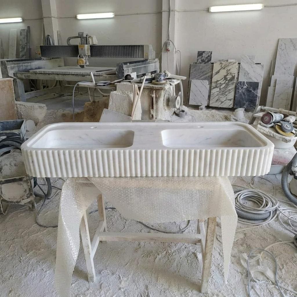 Carrara White Marble fluted vessel sink — full wide shot (photo 8)