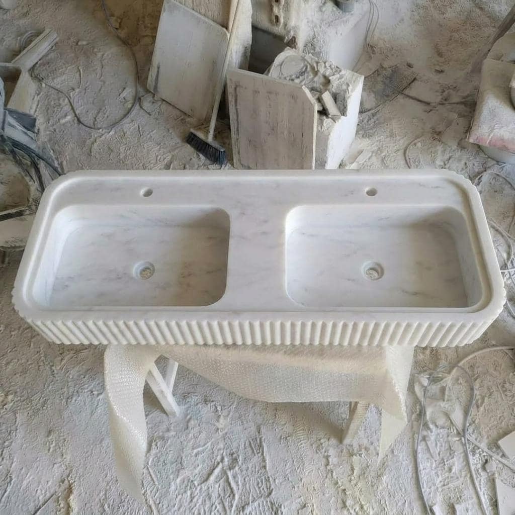 Carrara White Marble fluted vessel sink — bird's eye view (photo 9)