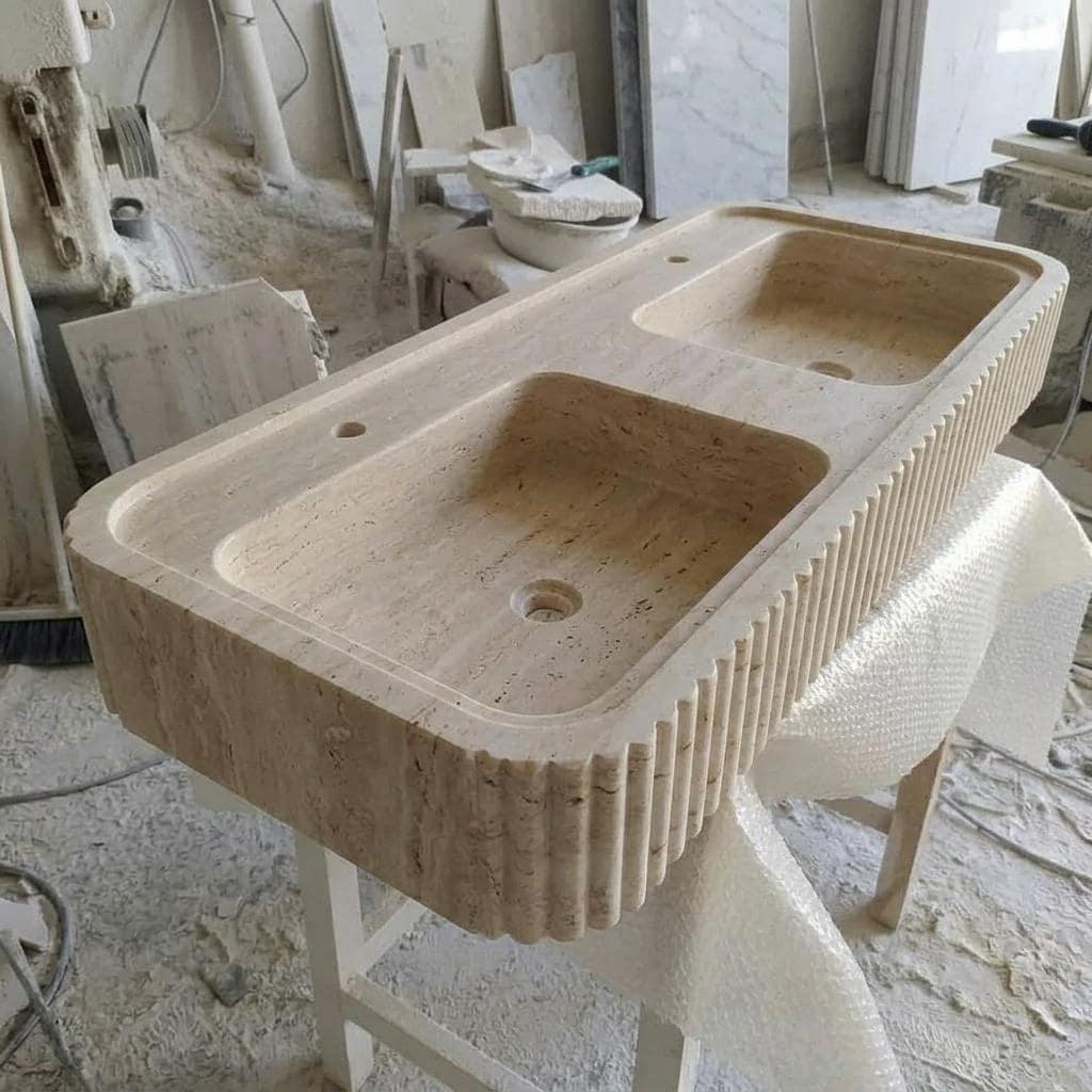 Beige Travertine fluted vessel sink — isometric three-quarter view (photo 4)