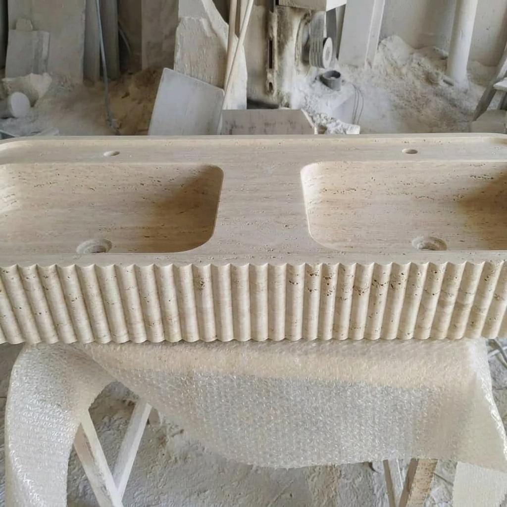 Beige Travertine fluted vessel sink — front view (photo 6)