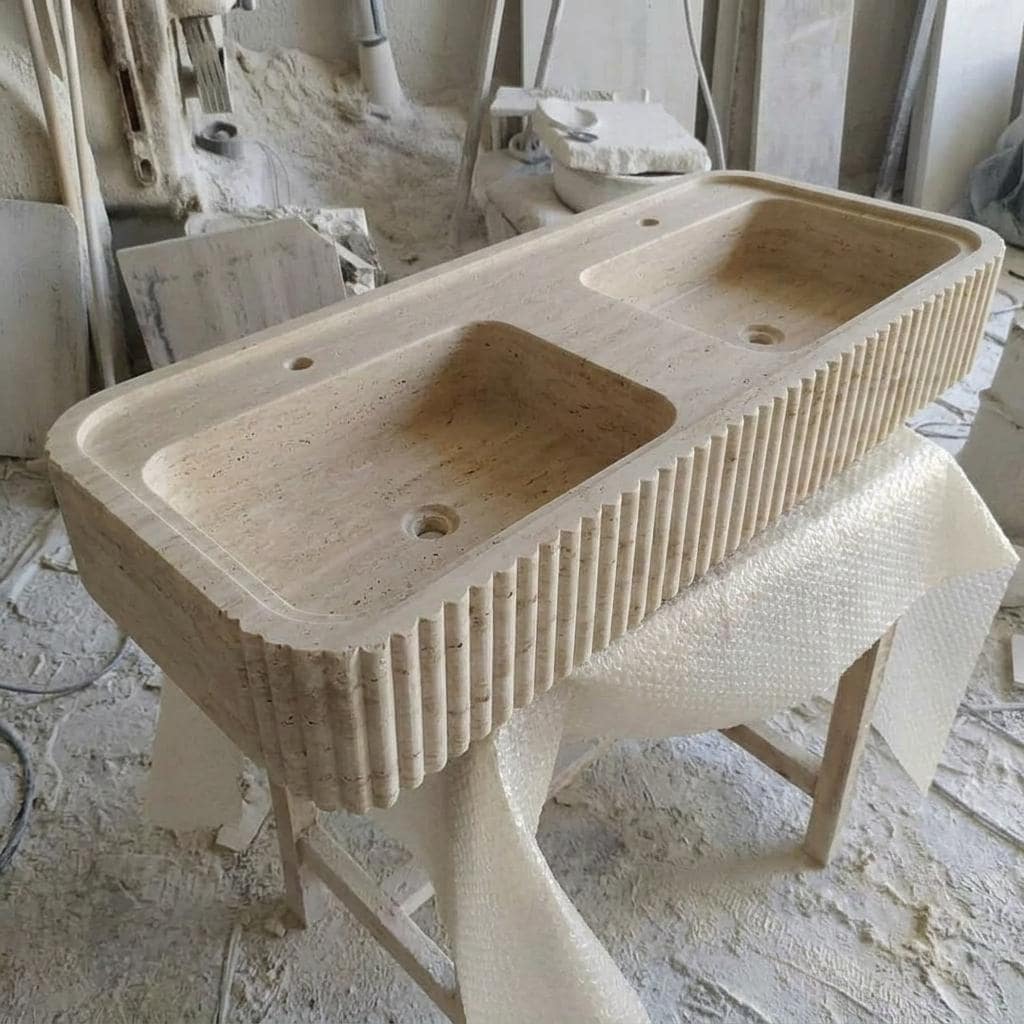 Beige Travertine fluted vessel sink — low-angle view (photo 7)