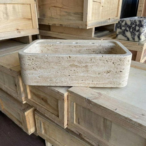 Beige Travertine square vessel sink — product photograph